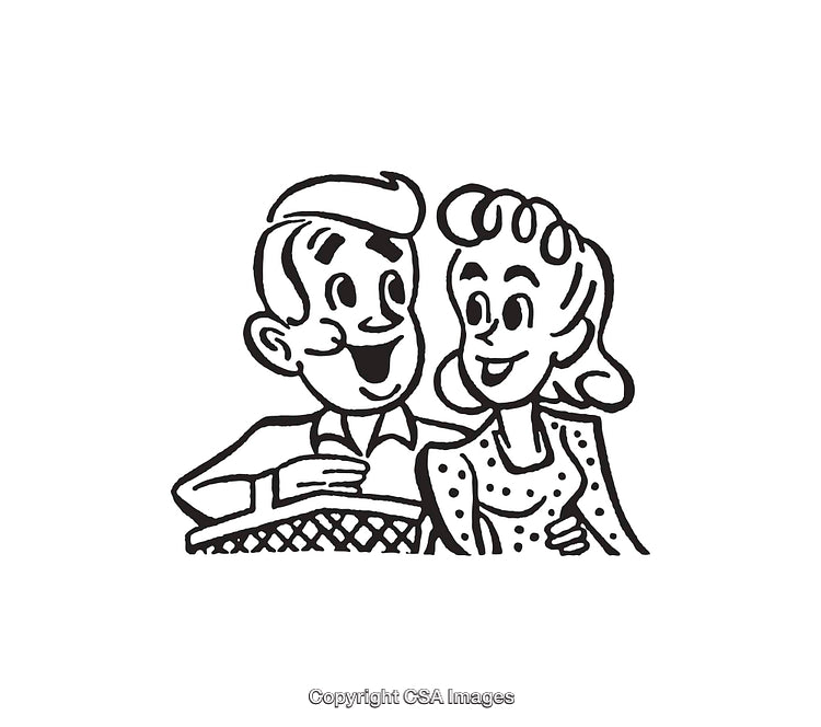 Retro Black and White Line Art Illustration of a Happy Couple