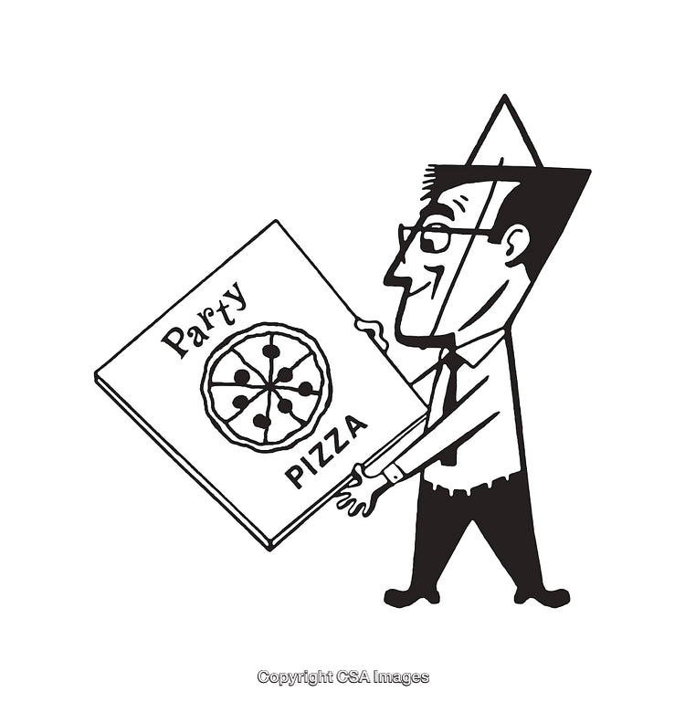 Cartoon Illustration of Man Holding Party Pizza Box and Wearing Party Hat