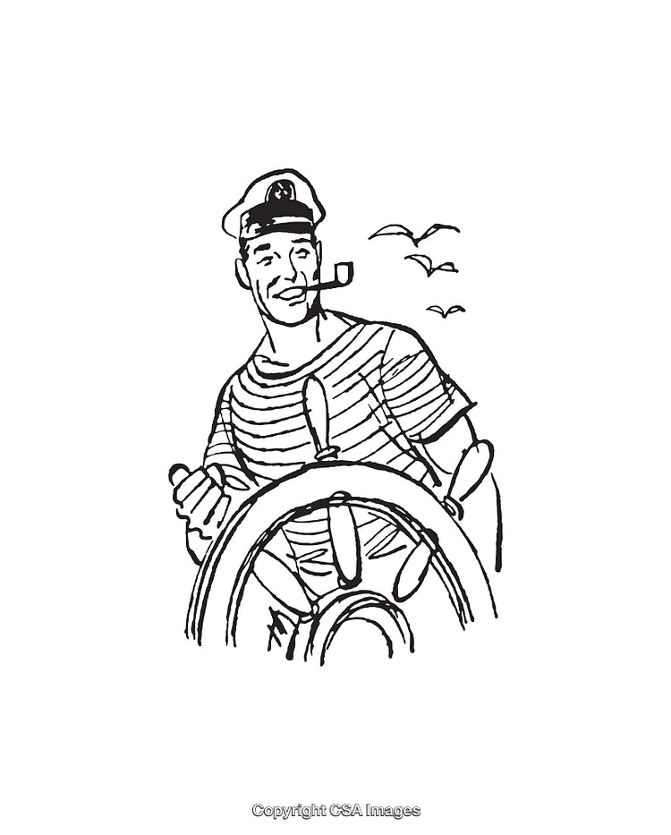 Vintage Line Art of a Sailor Steering the Ship’s Wheel at Sea