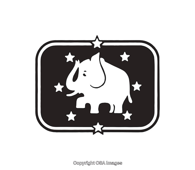 Black and White Elephant Silhouette Icon With Stars in a Rectangular Frame
