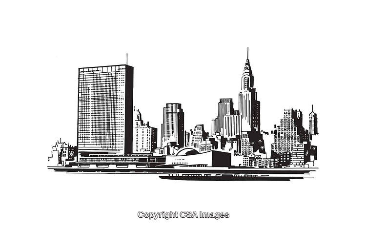 Black and White Line Art of a City Skyline Illustration