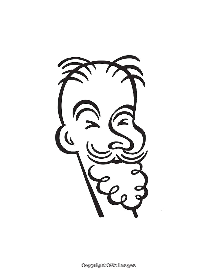 Black and White Line Art of Smiling Bearded Character with Unique Features