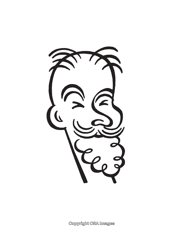 Black and White Line Art of Smiling Bearded Character with Unique Features