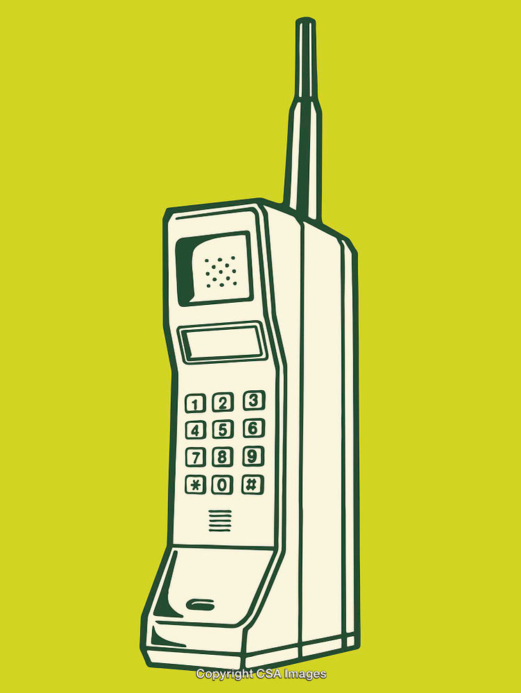 Vintage Mobile Phone Line Art Illustration on Bright Green Background