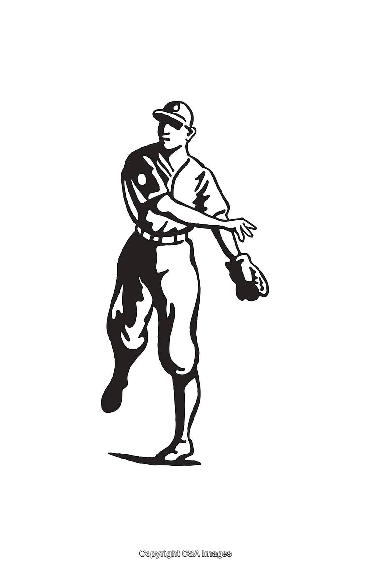 Black and White Line Art Illustration of a Baseball Player in Motion
