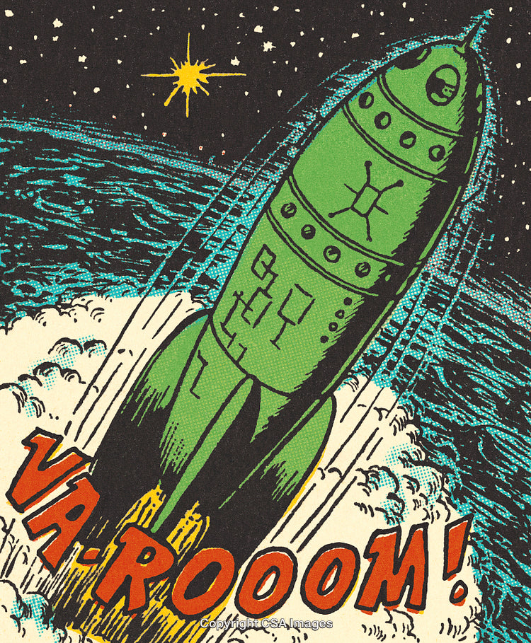 Retro Comic Style Illustration of Green Rocket Launching into the Starry Sky