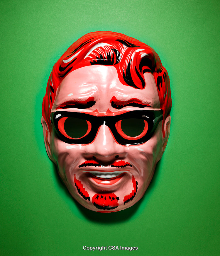 Vivid Retro-Style Mask With Red Hair and Glasses on Green Background