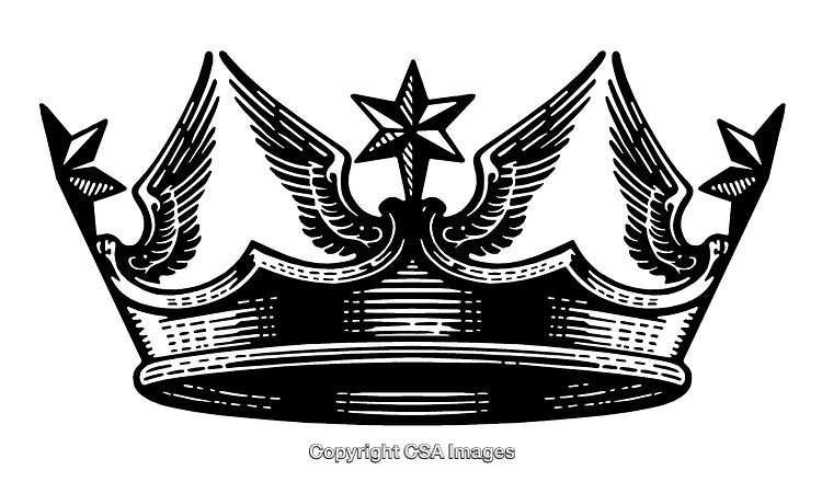 Detailed Black and White Engraving of a Decorative Crown with Wings and Stars