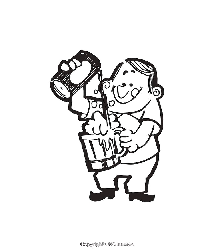 Black and White Cartoon Line Art of a Smiling Man Pouring Beer