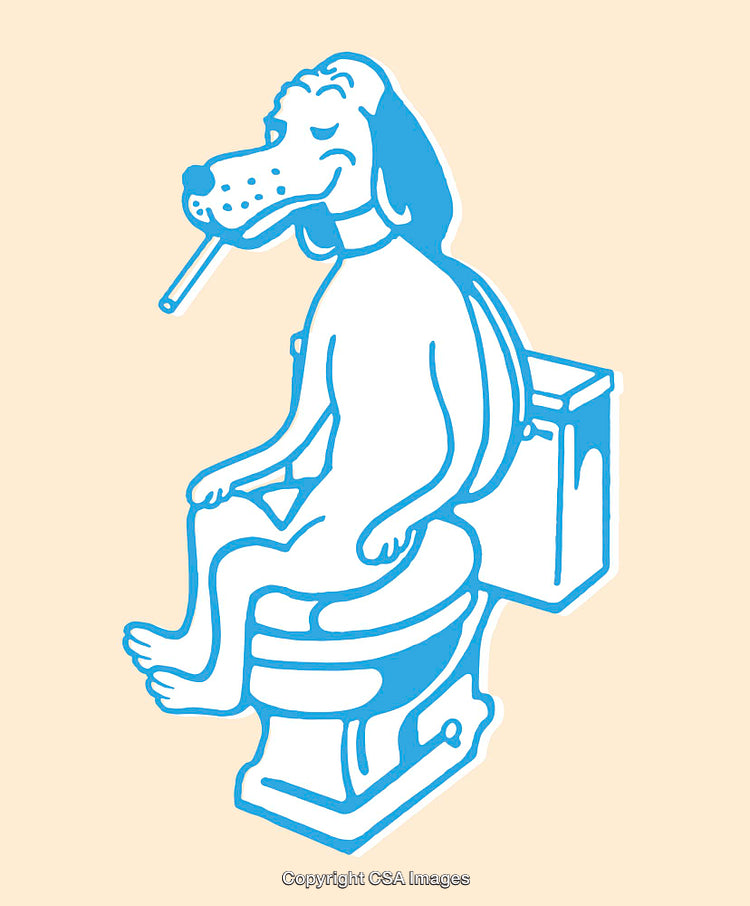 Blue Line Art Illustration of a Relaxed Dog Sitting on a Toilet