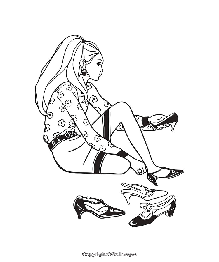 Stylish Line Art Illustration of Woman Choosing Shoes