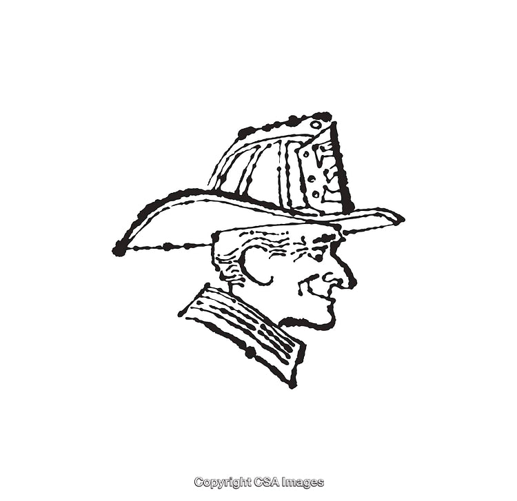 Vintage Black and White Illustration of a Firefighter in Traditional Helmet