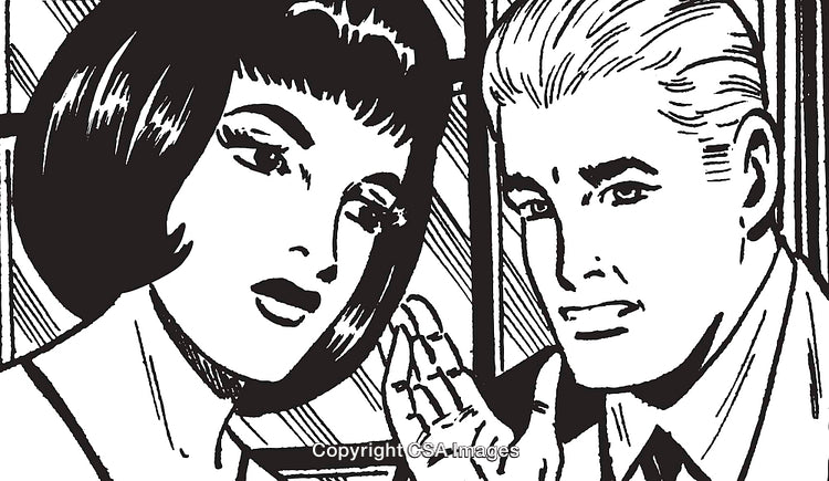 Retro Pop Art Illustration of a Man Sharing a Secret With a Woman