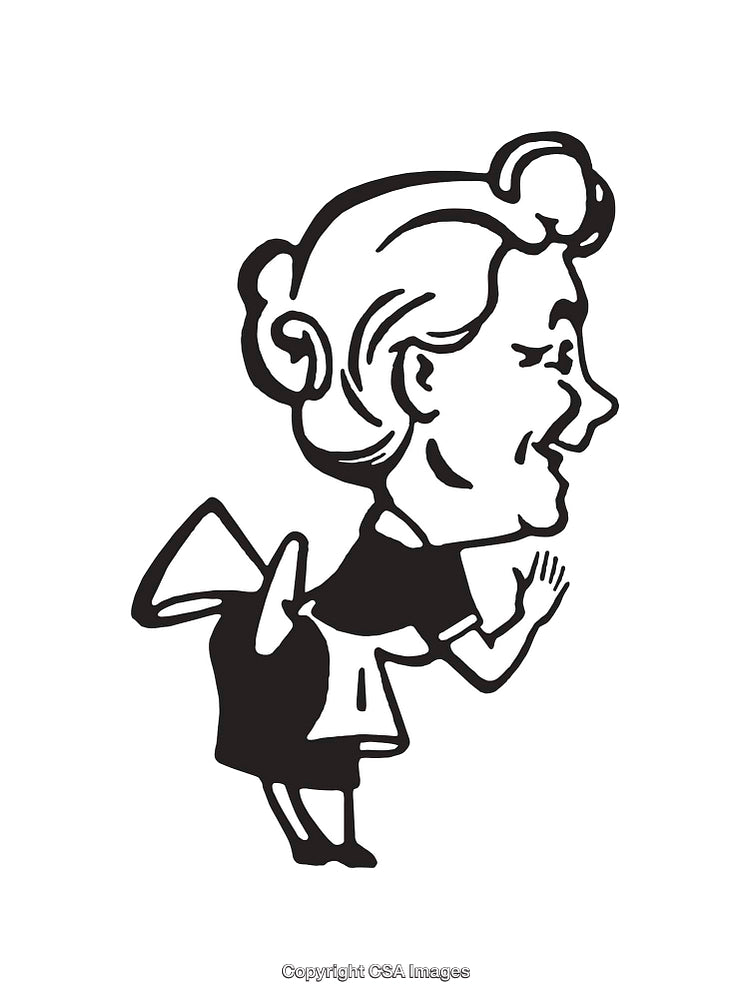 Vintage Line Art of Laughing Elderly Woman in Apron