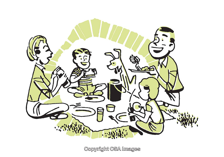 Illustration of a Family Enjoying a Picnic with a Pet Dog