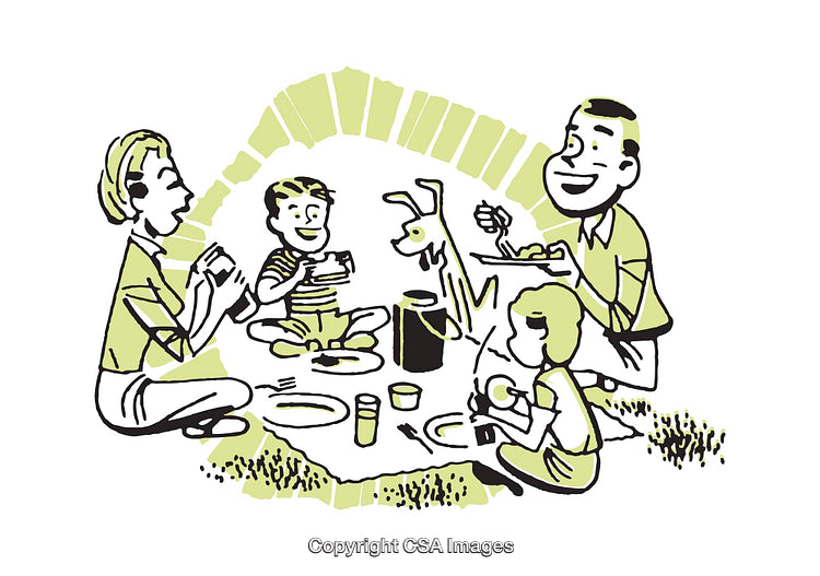 Illustration of a Family Enjoying a Picnic with a Pet Dog
