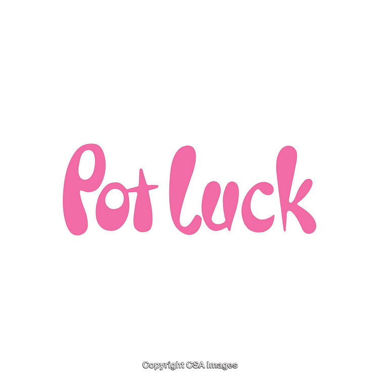 Pink Handwritten Text Depicting 'Pot Luck' on White Background