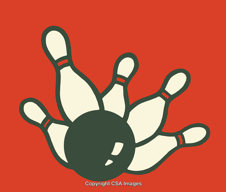 Vintage Bowling Illustration Showing Ball Striking Pins on Red Background