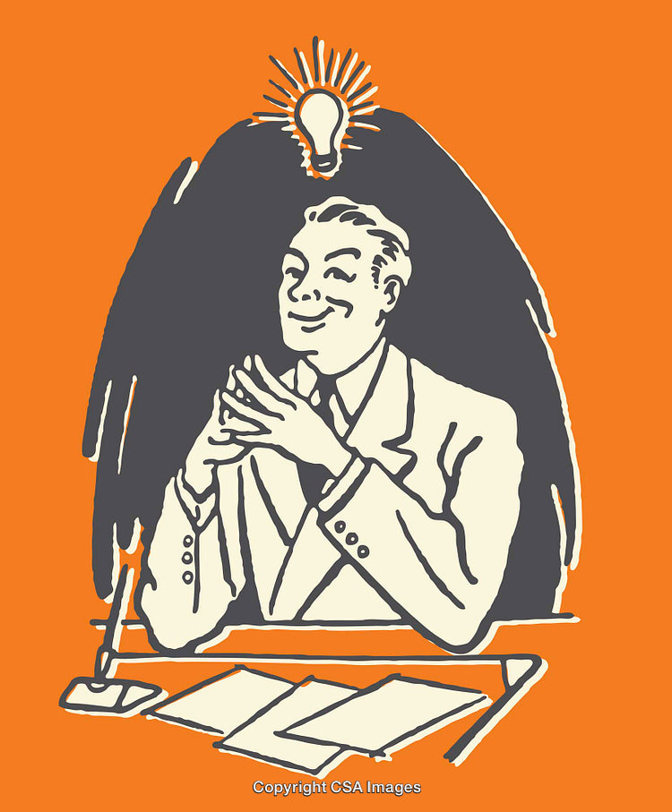 Retro Businessman With Idea Depicted in Vintage Colorful Line Art