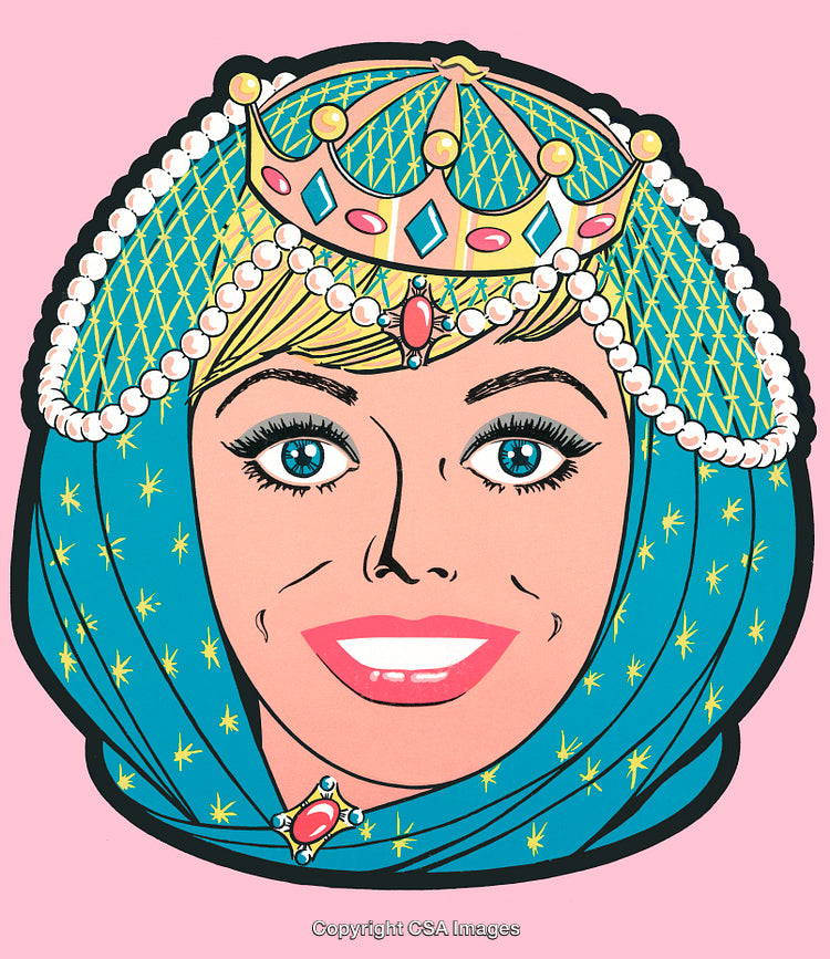 Pop Art Style Illustration of Smiling Queen with Regal Headwear on Pink Background