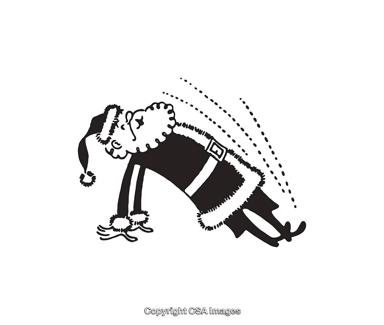 Whimsical Santa Performing Pushups in Black and White Line Art