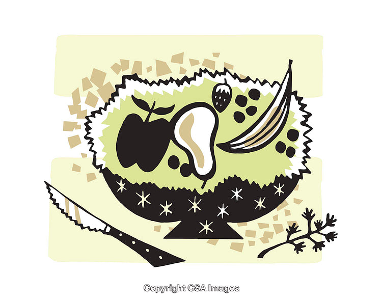 Colorful Illustration of a Fruit Bowl with Bananas and Pear