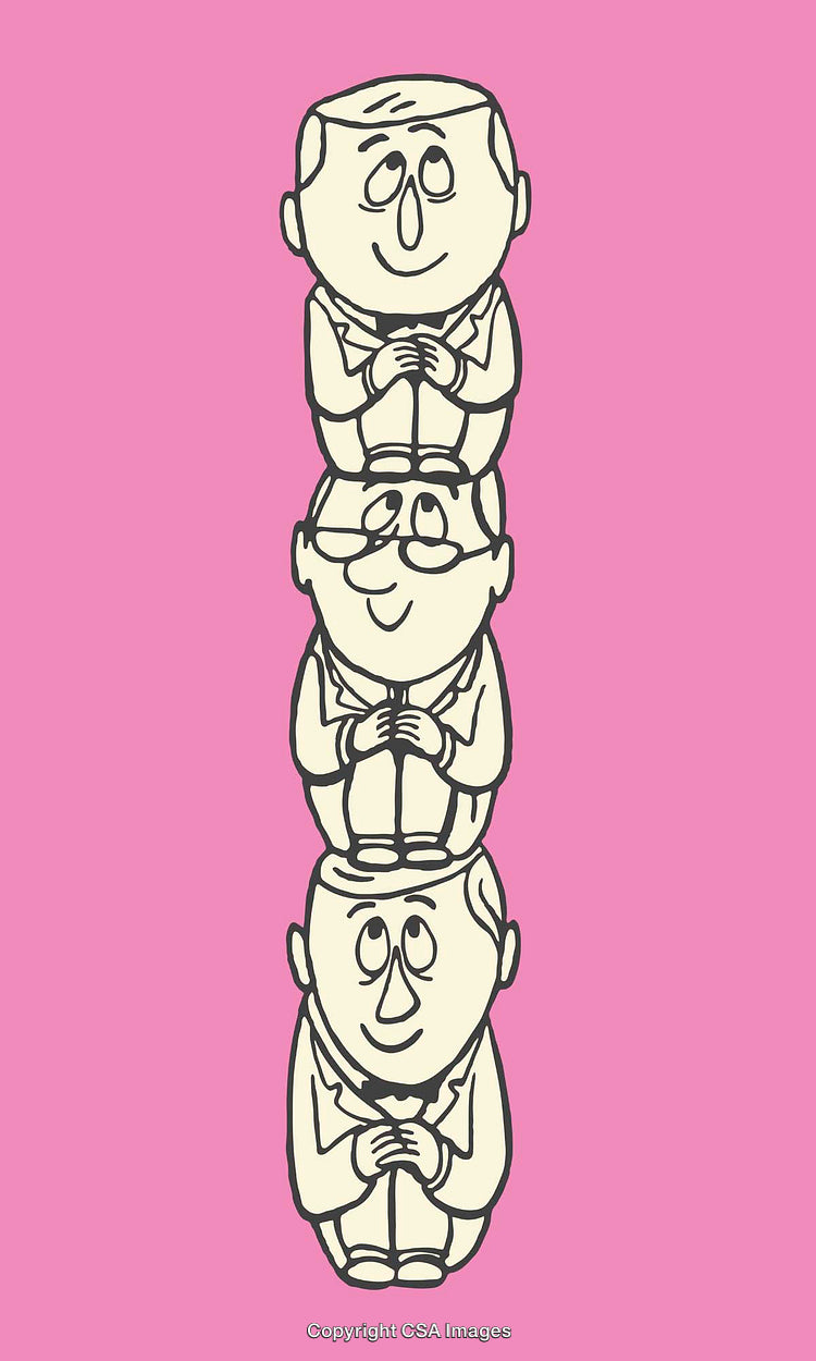 Stacked Cartoon Figures in Line Art with Pink Background