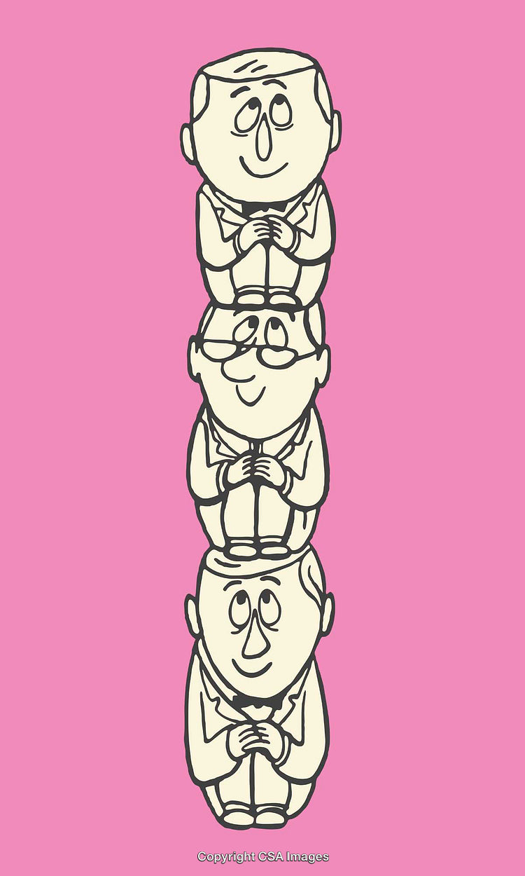 Stacked Cartoon Figures in Line Art with Pink Background