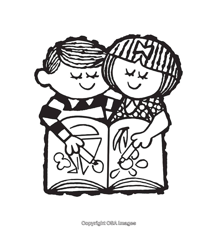 Black and White Illustration of Children Reading and Smiling Together