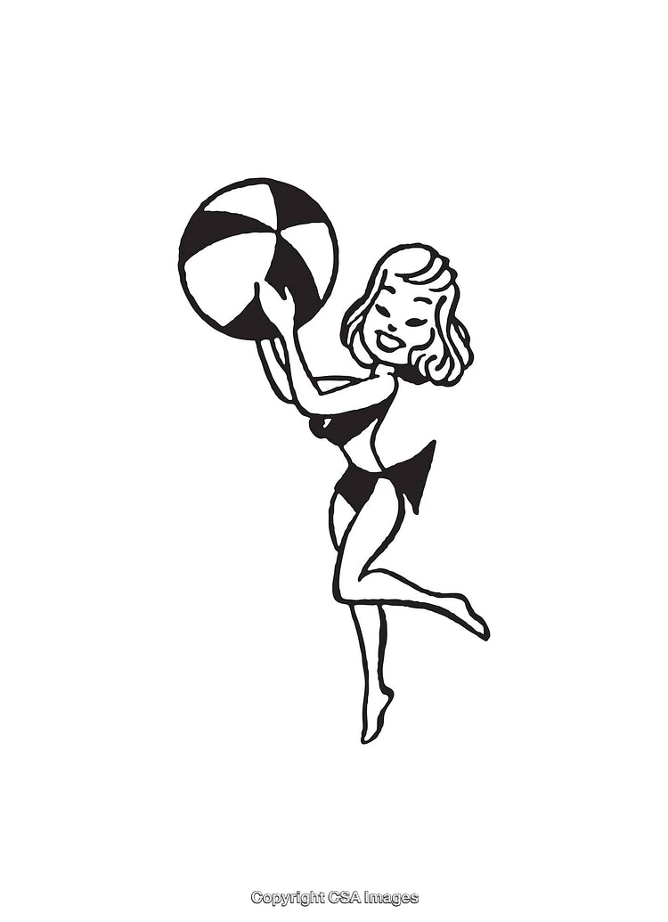 Playful Beach Scene Illustration Featuring Girl with Beach Ball in Vintage Style