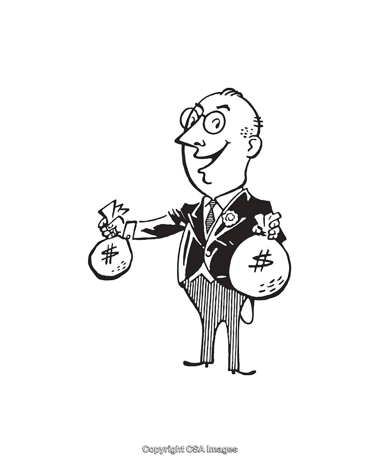 Cartoon Businessman Holding Bags of Money in Line Art Style