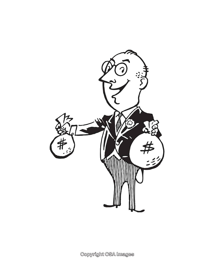 Cartoon Businessman Holding Bags of Money in Line Art Style