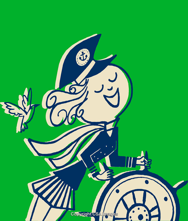 Whimsical Nautical Illustration of a Girl Steering a Ship Wheel