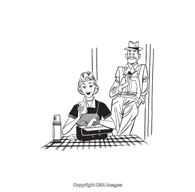 Vintage Black and White Line Art of a Man and Woman at Lunch