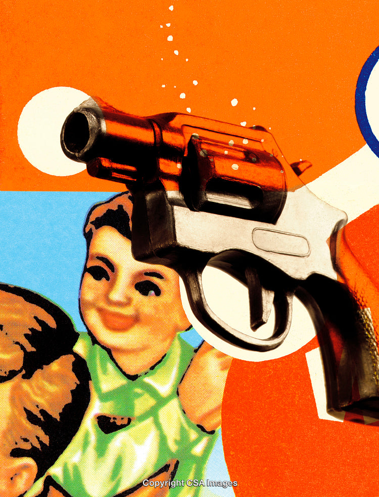 Colorful Collage of Toys and a Toy Gun with Vibrant Backdrop