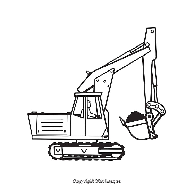 Black and White Line Art of a Construction Excavator Vehicle