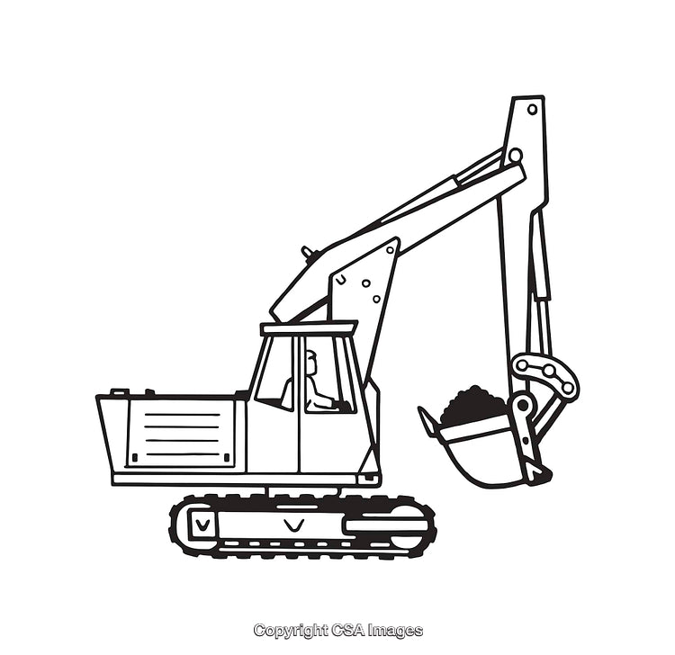 Black and White Line Art of a Construction Excavator Vehicle