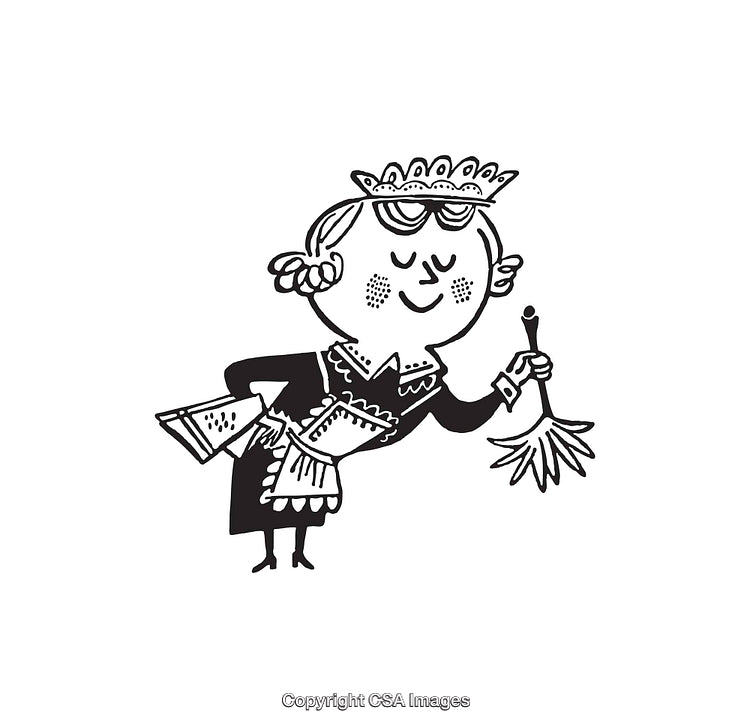 Cheerful Maid Illustration in Black and White Line Art Style