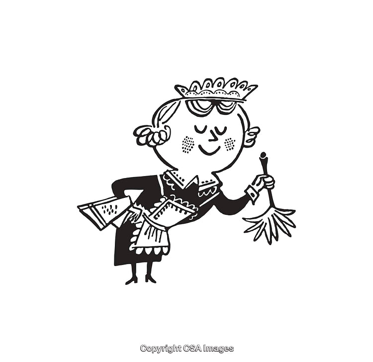 Cheerful Maid Illustration in Black and White Line Art Style