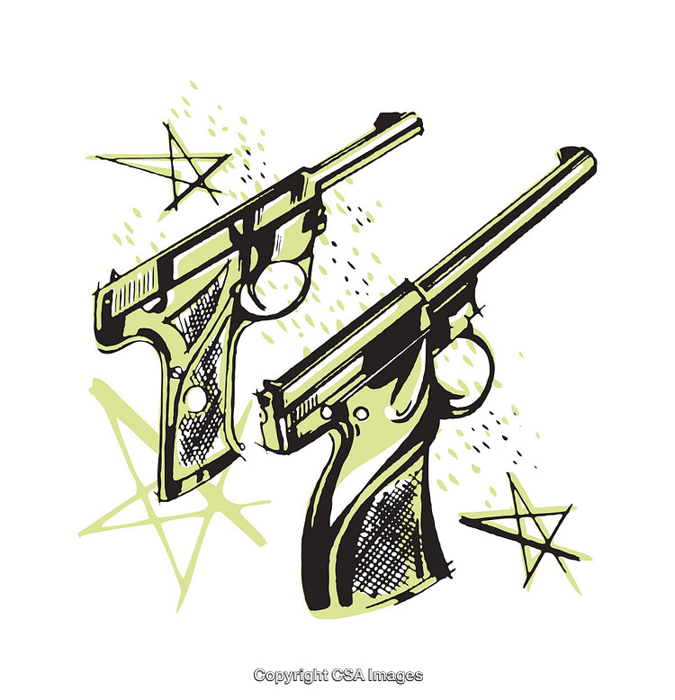 Stylish Illustration of Vintage Pistols with Artistic Details and Stars