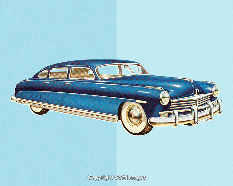 Vintage Blue Car on Minimalist Light Blue Background Art