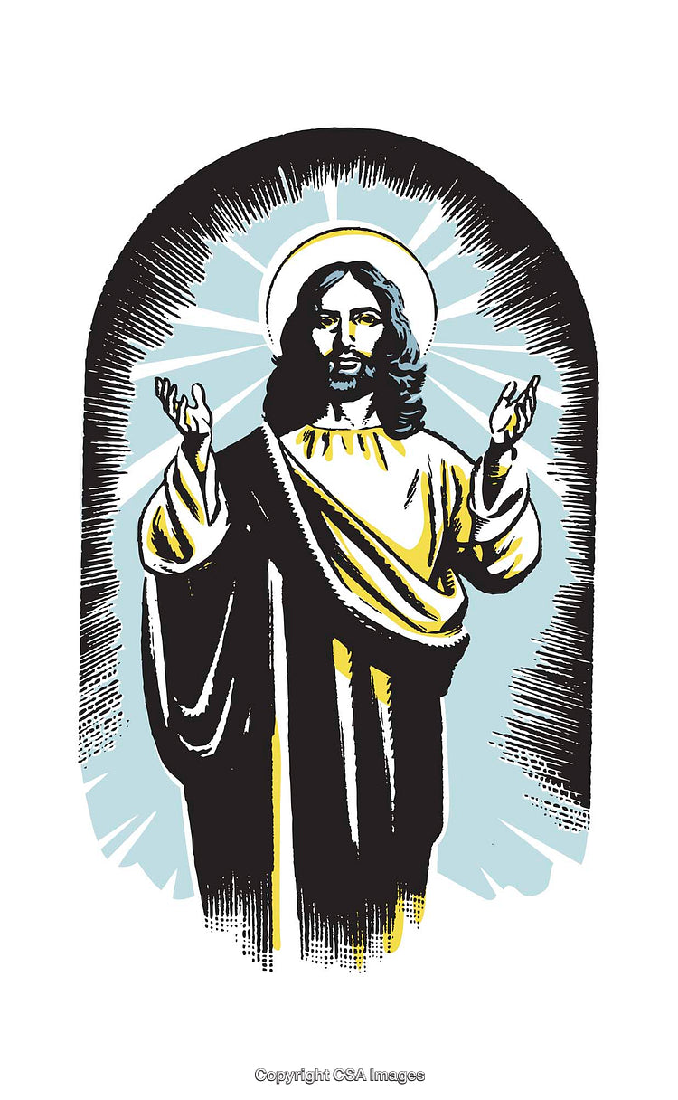 Colorful Illustration of Religious Figure Amidst a Radiant Glow