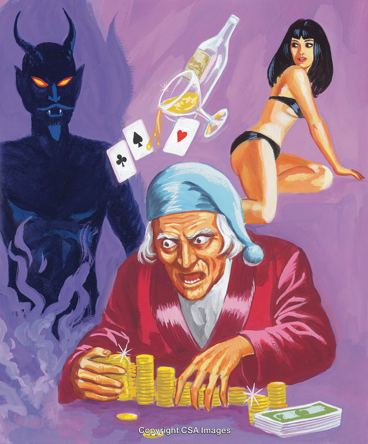 Vivid Illustration Depicting Greed, Vice, and Temptation with Dramatic Elements