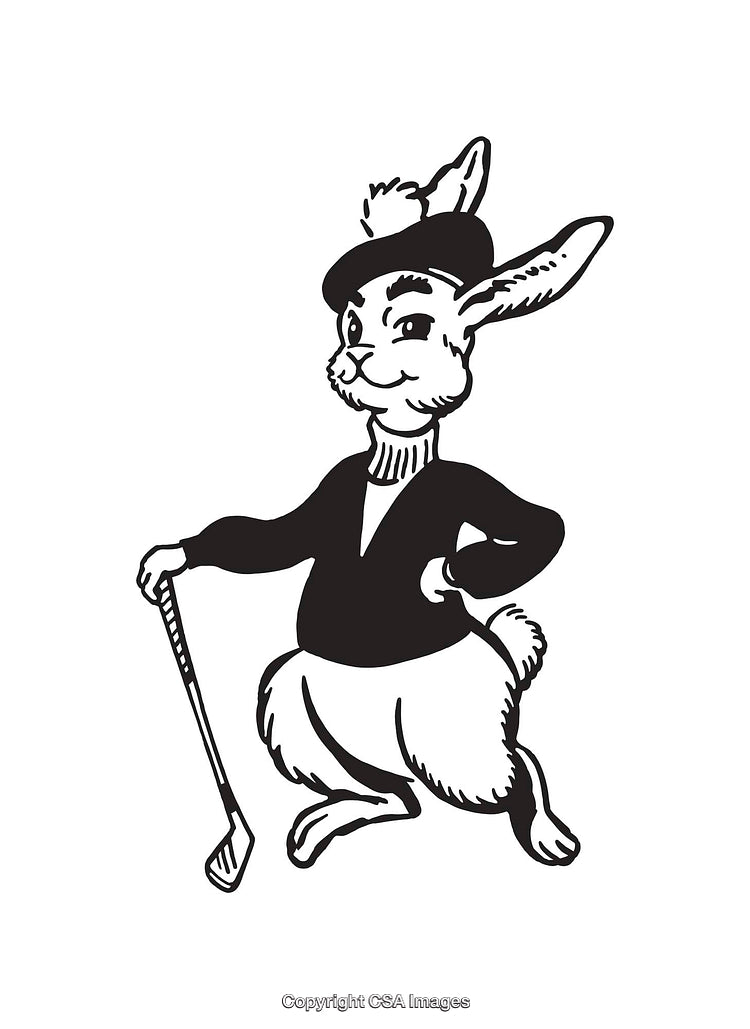 Charming Rabbit Golfer in Classic Black-and-White Line Art Illustration
