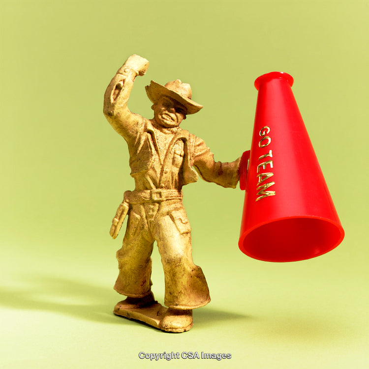 Golden Cowboy Toy Holding Red Cheer Megaphone on Light Green Background