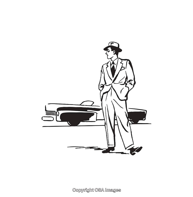 Vintage Line Art of Man in Suit with Classic Car in Background