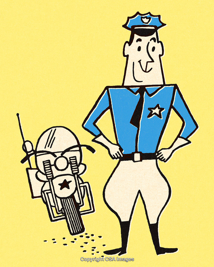 Cartoon Police Officer Standing Proudly by Motorcycle on Yellow Background
