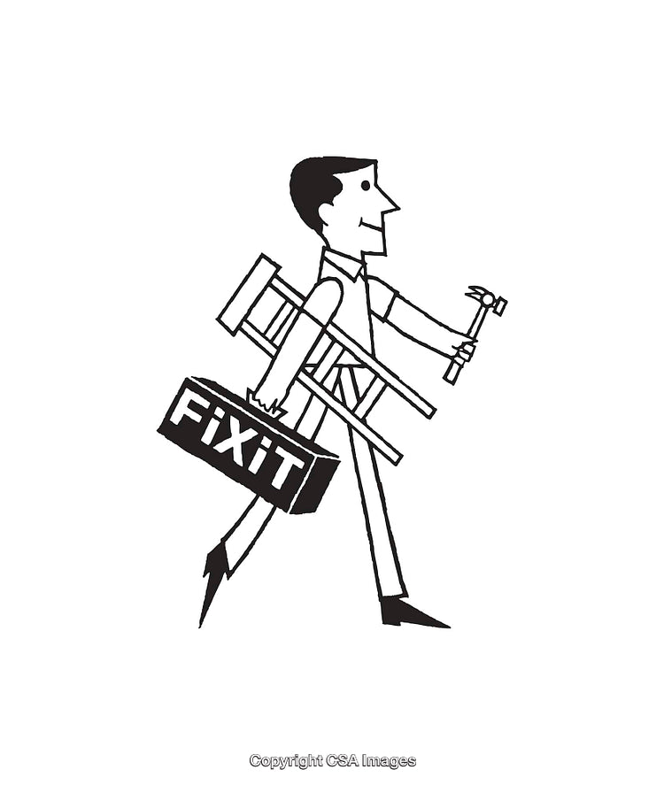 Black and White Illustration of a Handyman With Tools and Briefcase
