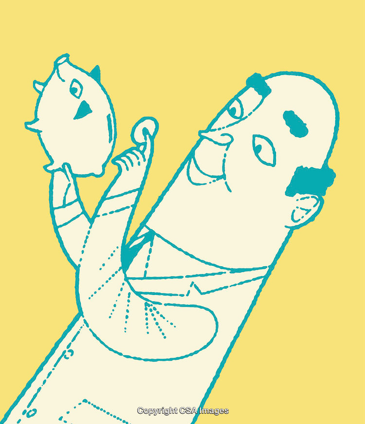 Color Line Art Illustration of Man with Piggy Bank and Coin