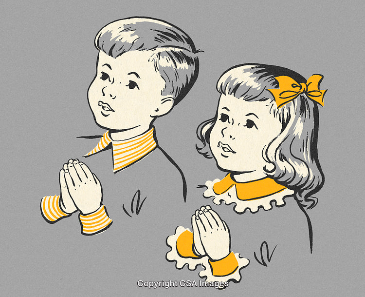 Illustration of Two Children Praying With Folded Hands in Vintage Style